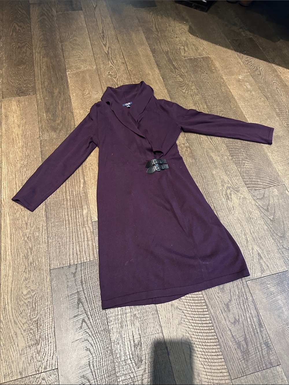 Chaps Long Sleeve Wrap Dress in Plum with Buckle Detail